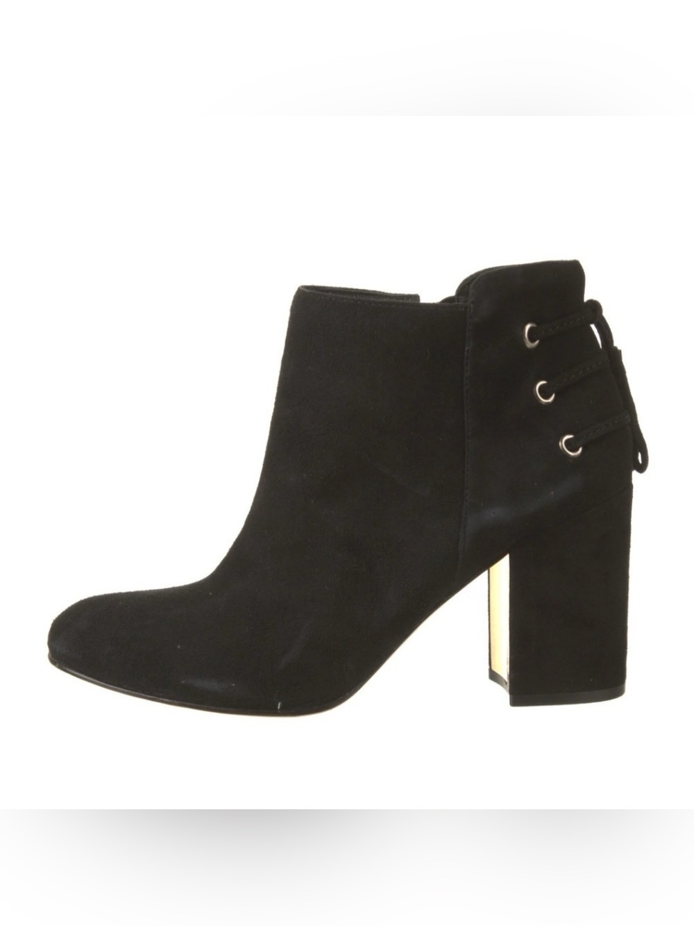 Rachel Zoe Suede Twiggy booties lace up back heels black with gold zip on